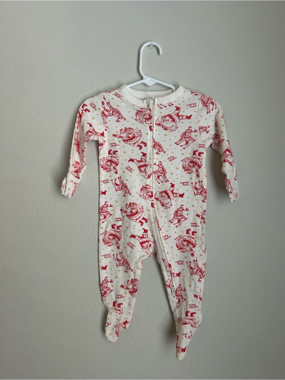 Old Navy Cream and Red Holiday Print Footed One-Piece
